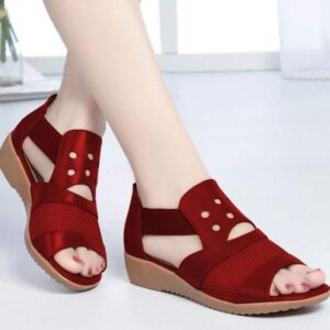 New Mesh Stitching Net Wedge Red Sandal