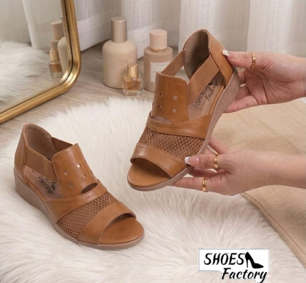 New Mesh Stitching Net Wedge Camel Brown Sandal - Image 2