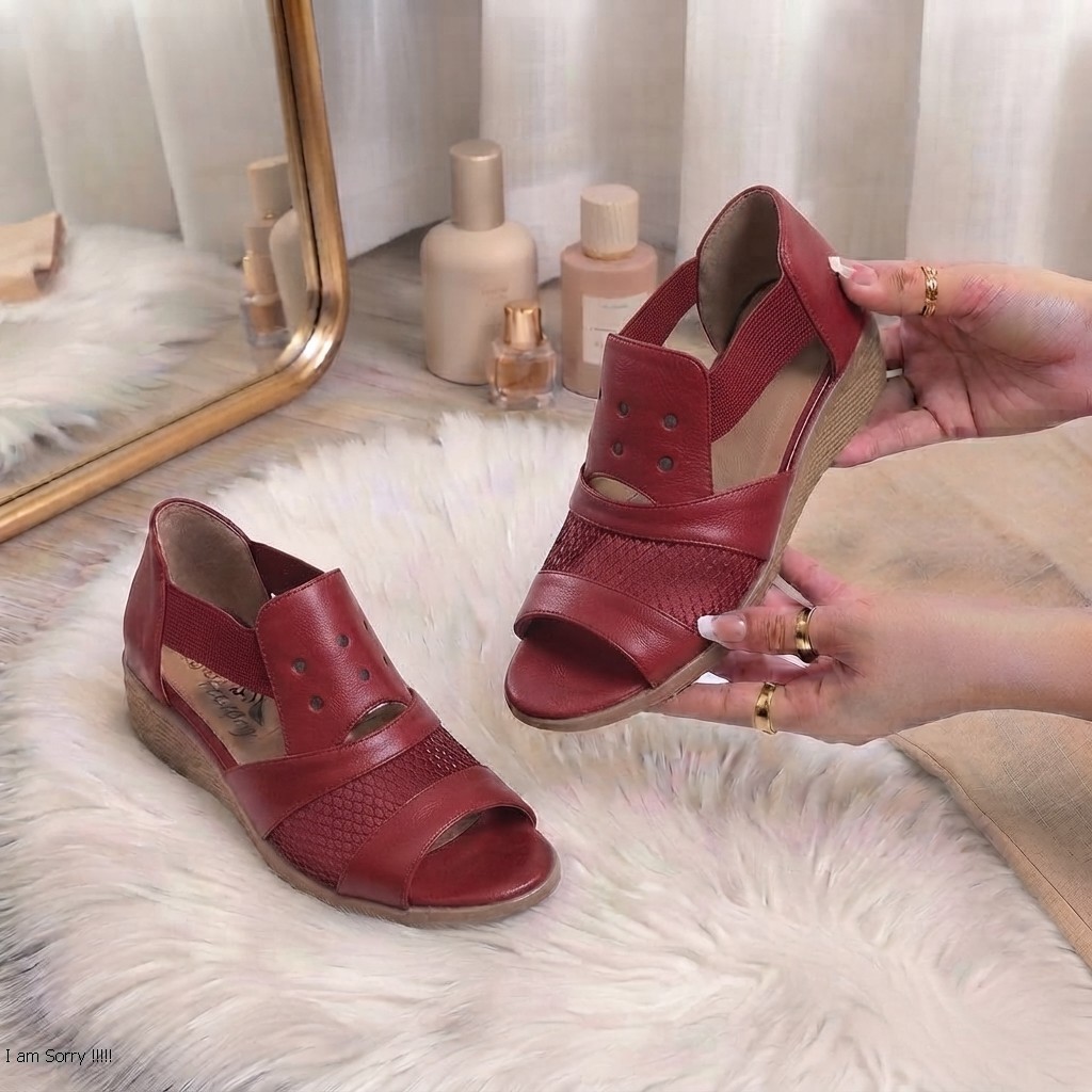 New Mesh Stitching Net Wedge Red Sandal - Image 2
